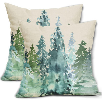 Hiver, housses de coussin d'arbre de Noël 18 x 18, ensemble de 2 coussins décoratifs de style aquarelle rustique bleu vert forêt