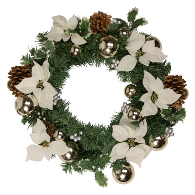 Decorated Cream Coloured Poinsettia And Berry Artificial Christmas Wreath  24-Inch  Unlit