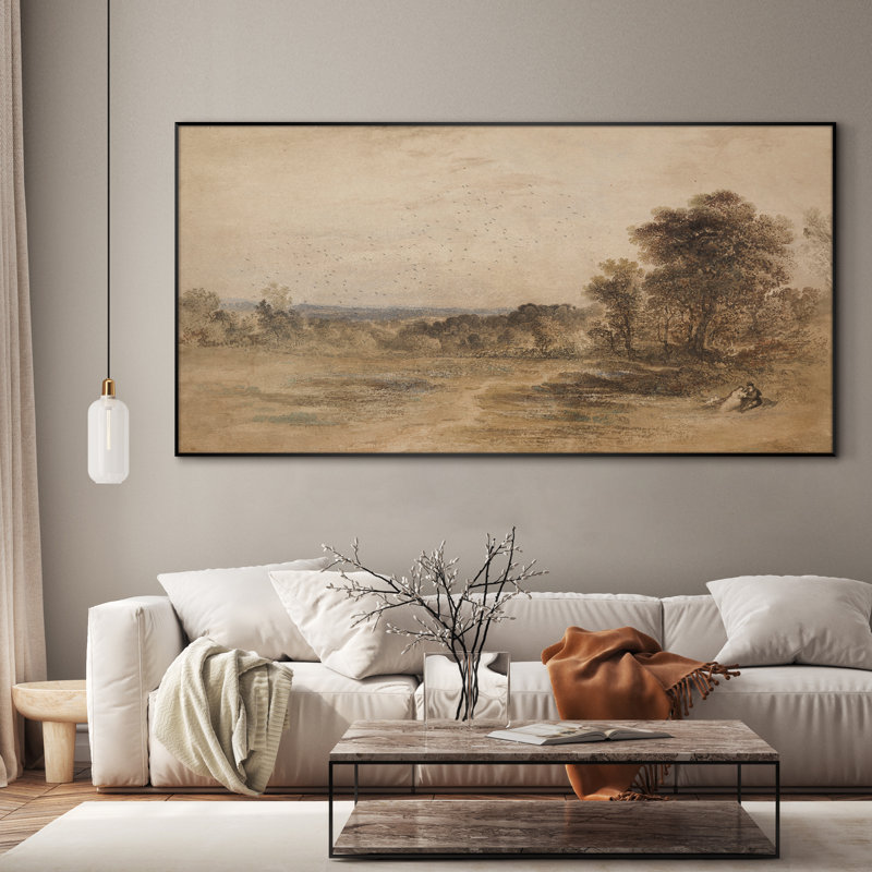 Très grand art mural imprimé sur toile - Paysage de campagne rétro avec des arbres éloignés et des champs tranquilles, décoration pour le salon ou la chambre à coucher
