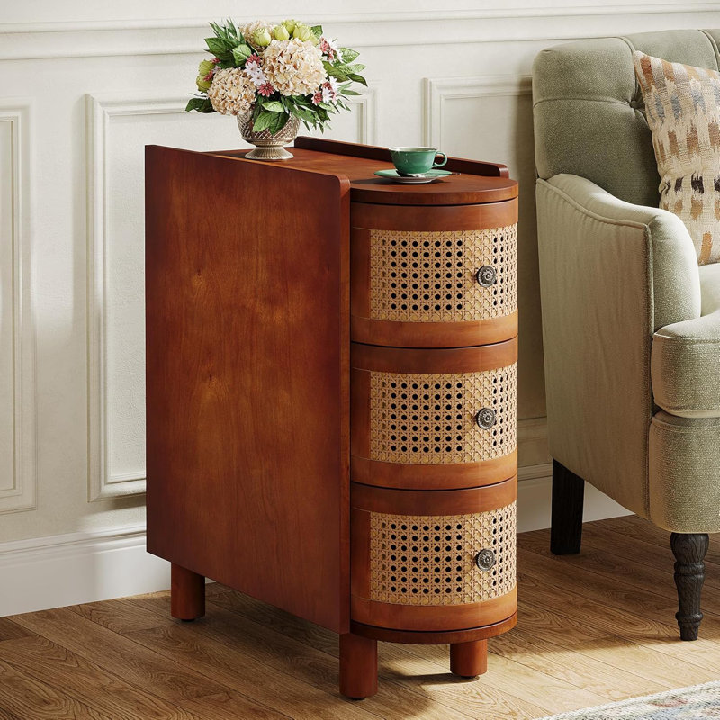 Solid Wood End Table, 3-Drawer Rattan Side Table, Night Stand with 3 Rattan Drawers and Exquisite Embossed Handles for Living Room, No Assembly Required (Walnut & Oak, 1PC)