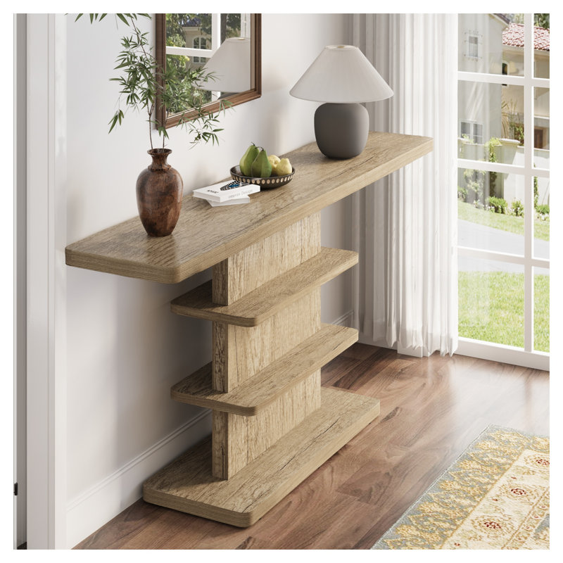 Console 63 pouces vintage avec rangement à 2 niveaux, banc d'entrée en bois naturel
