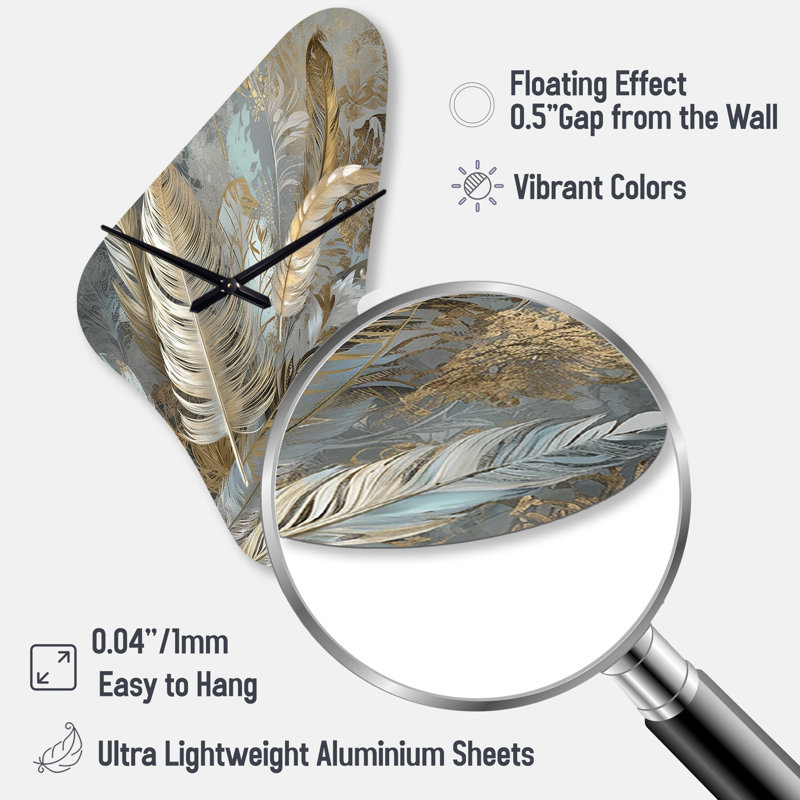 Gold Feather Extravaganza V - Boomerang Shape Large Glam Feather 3D Wall Clock, Medium