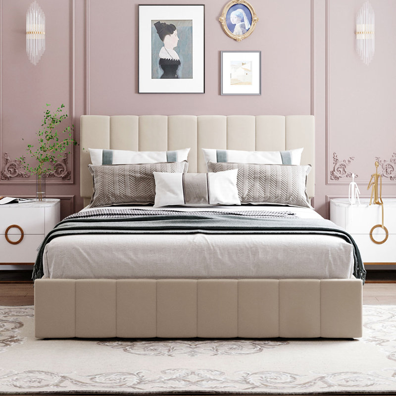 Queen Platform Bed With Hydraulic Storage, Beige And Long-Lasting Upholstered Fabric Storage Space, Beige, Queen