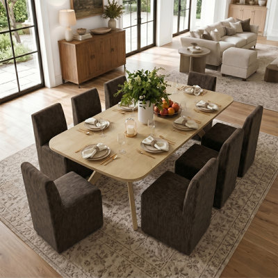 Ensemble de table de salle à manger extensible de 96 pouces avec 8 chaises de salle à manger rembourrées en chenille à roulettes