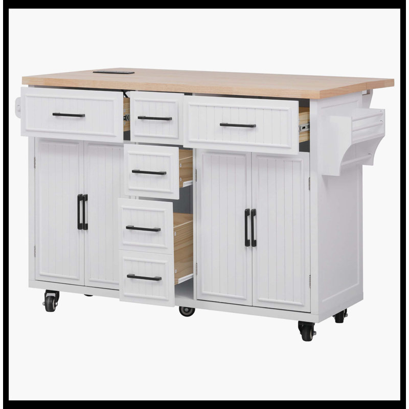 Îlot de cuisine 56,5 po avec rallonge, prise électrique, 4 portes, 5 tiroirs profonds et tablettes réglables, blanc