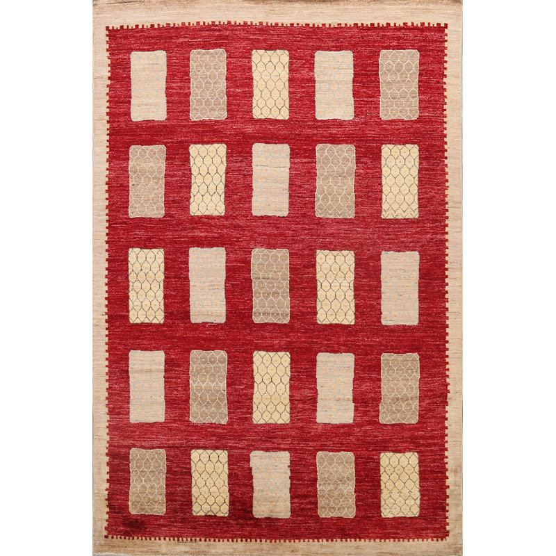 Tapis décoratif en laine rouge de conception unique 6 pi 5 po x 8 pi 5 po noué à la main New Age