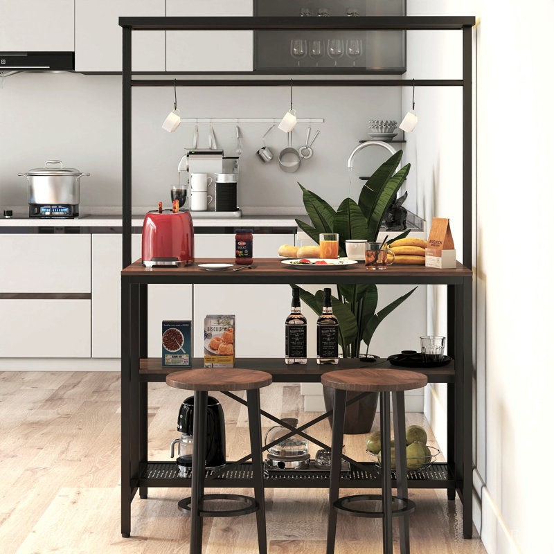 Îlot de cuisine, étagère de boulanger, table d'îlot pour la cuisine, étagère de four à micro-ondes à 3 niveaux avec rangement, étagère de rangement pour le salon de la cuisine, 3 crochets