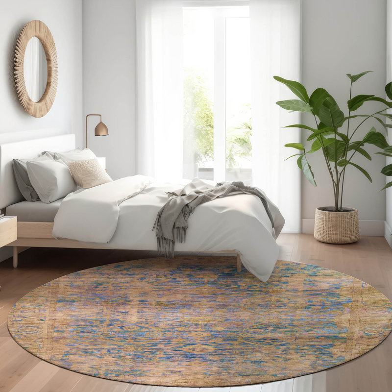 Machine Washable Indoor/Outdoor Xhevrie Navy Rug, Round 8'