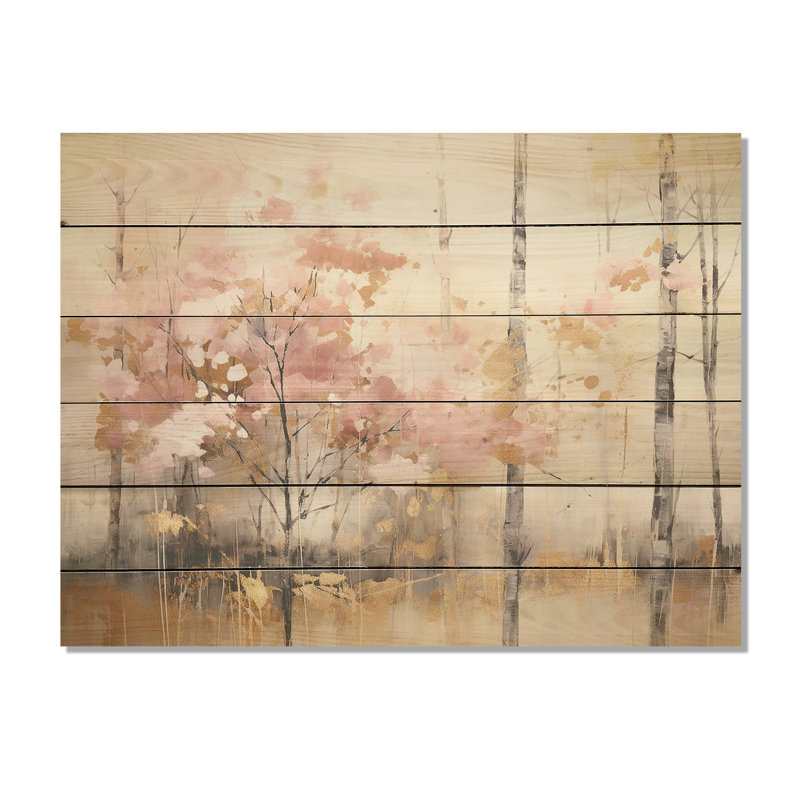 Minimalism Pink And Gold Forest - Forest Wood Wall Art On Natural Pine Wood, 24" H x 32" W