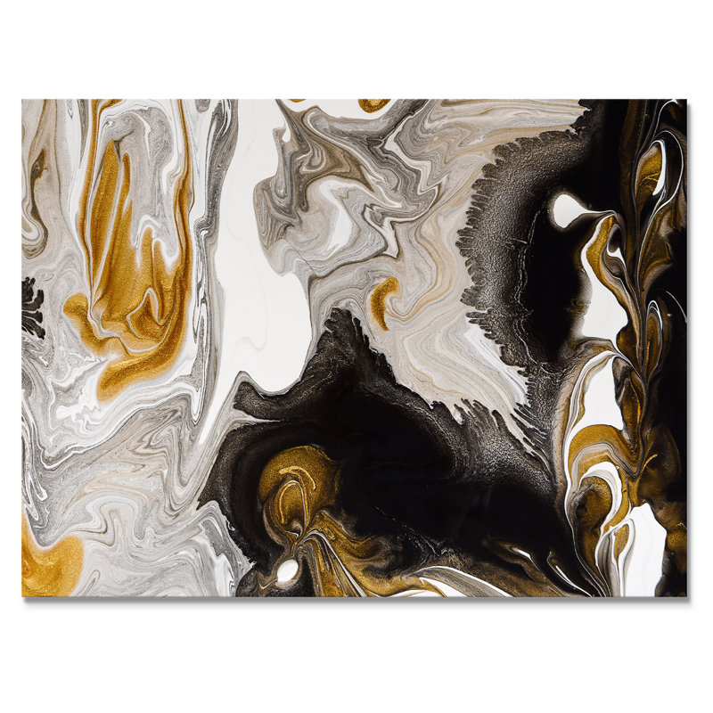 Or et vagues de marbre noir II - peinture sur toile, H 24 po x l 32 po, Toile tendue