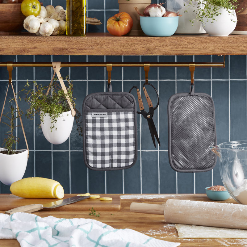 KitchenAid Gingham Pot Holder 2-Pack Set,, 7"x10", Charcoal Gray