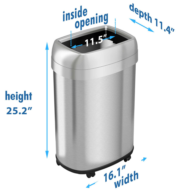 13 Gallon Stainless Steel Wheeled Open Top Trash Can