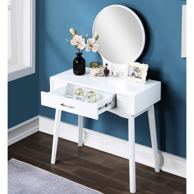 Meuble-lavabo et tabouret contemporains, blanc - Élégante pour la table de décoration intérieure avec miroir rond en bois d'hévéa massif