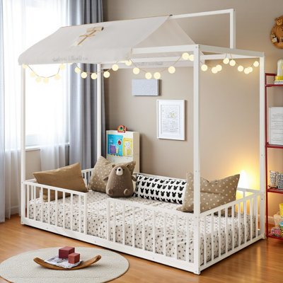 Metal Canopy Bed With Removable Fence