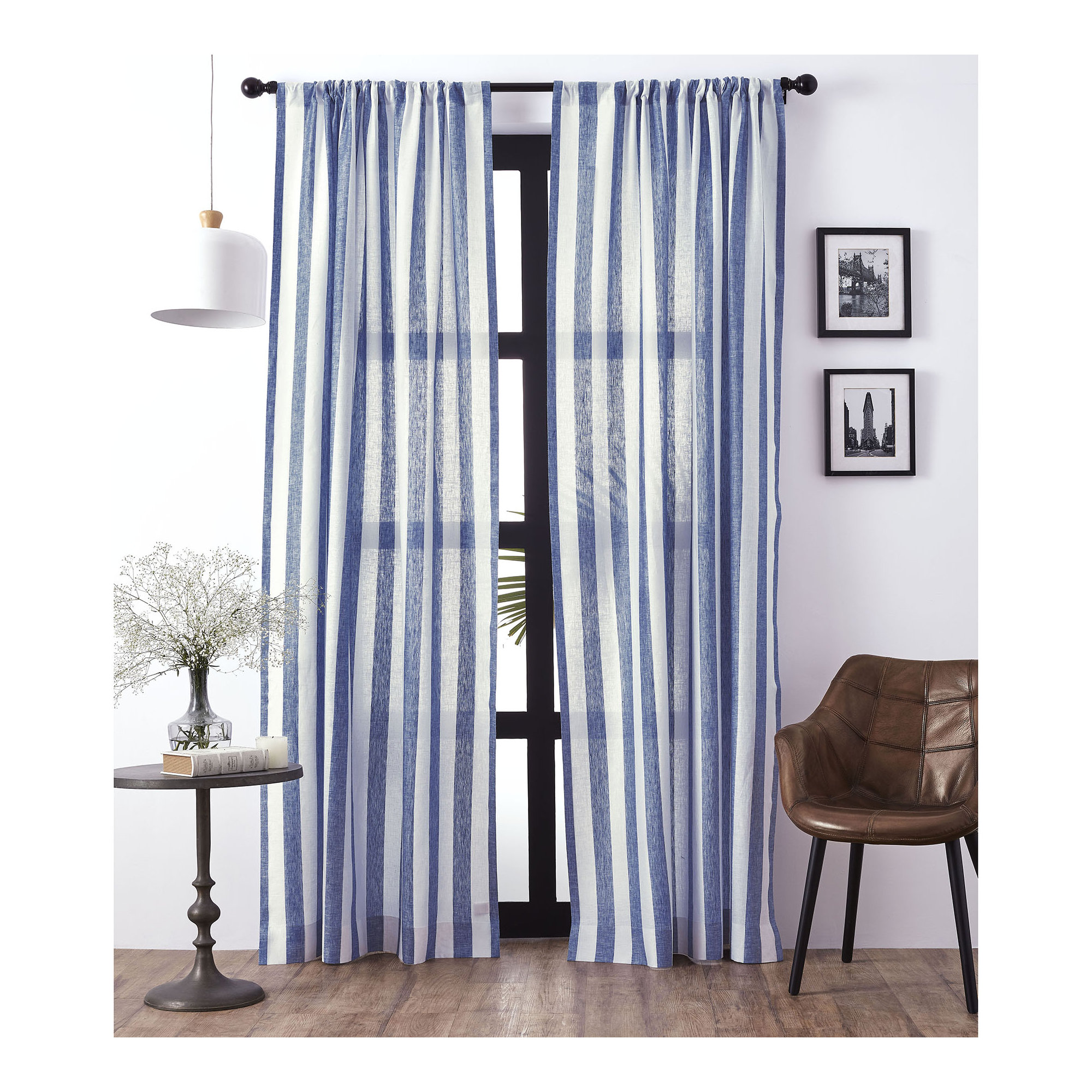 Stripe - 100% Pure Linen Curtain, Navy and White, 52" W x 108" L
