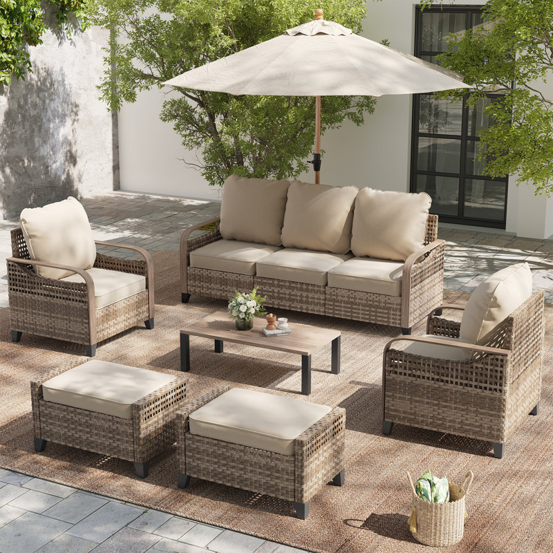 Ensemble de conversation pour patio 6 pièces, canapé 3 places, 2 fauteuils, 2 repose-pieds et table basse, structure en acier avec transfert de chaleur à grain de bois, coussins en oléfine pour le patio, la cour, le porche et la piscine