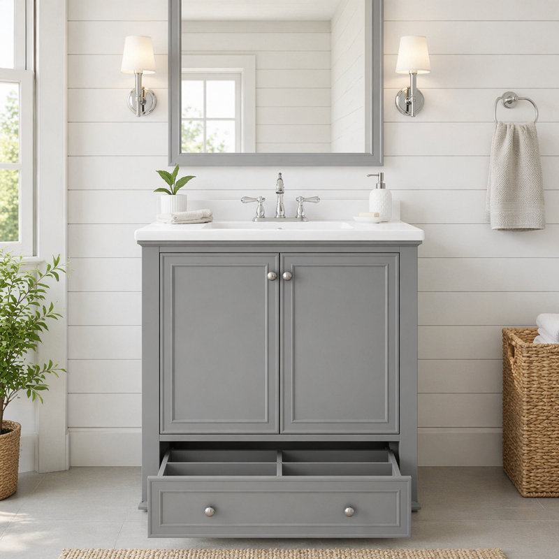 30'' Single Bathroom Vanity with Ceramic Top, Gray