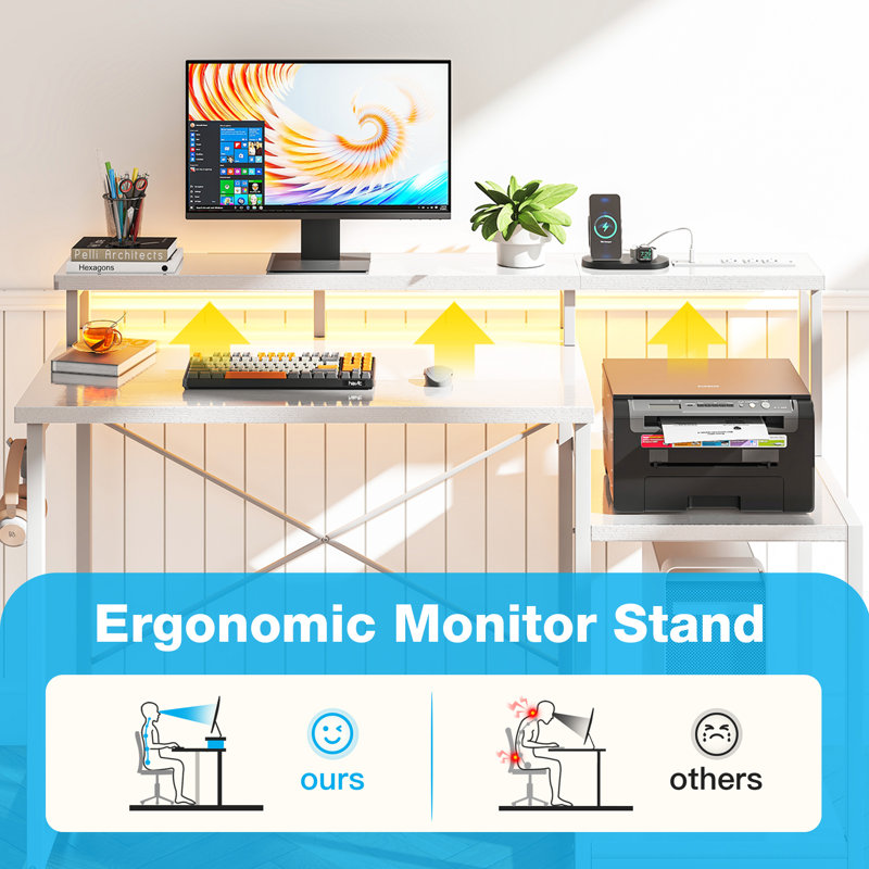 Nergui Home Office Computer Desk with Power Outlet,LED Lights & Adjustable Shelf, White/White