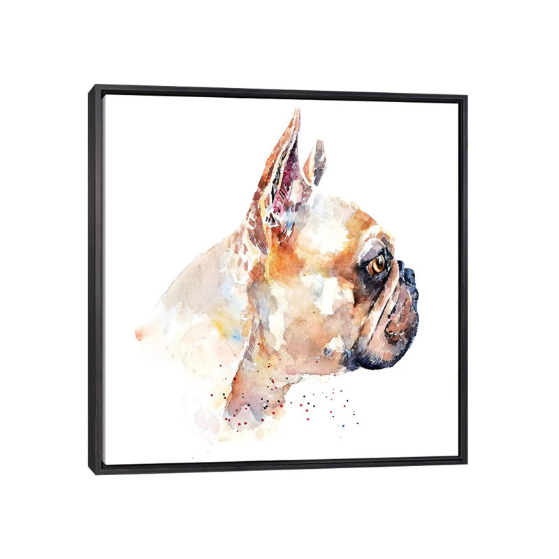Imprimé « Frenchie » par Edwatercolours, H 26 po x l 26 po x P 1,5 po, Toile avec cadre noir patiné, Pas de tapis