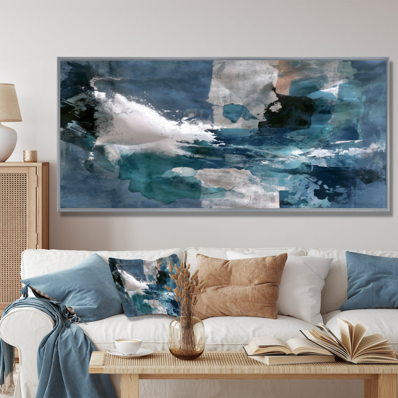 «Blue Sturdy Guardians Accents With White», reproduction d'art sur toile abstraite bleue, H 28 po x l 60 po, Cadre flottant