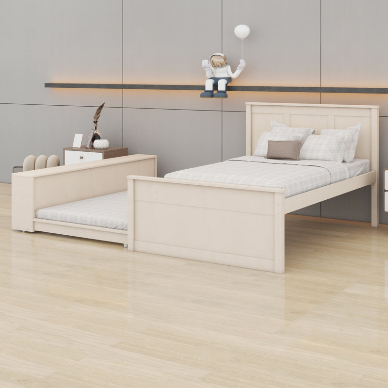 Lit plateforme simple en bois avec lit gigogne escamotable, tablettes de rangement, Blanc, crème, Lit simple