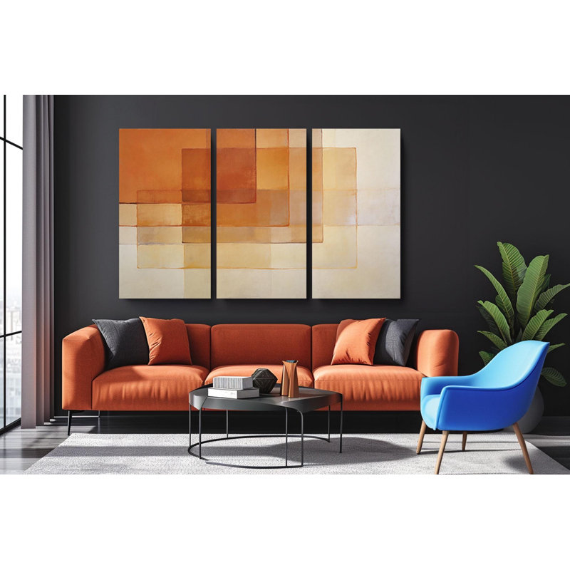 Reproduction d'art abstrait géométrique sur toile, art mural 3 panneaux terracotta - Mid Century Modern Square, triptyque de tons terreux, minimaliste Home Art, reproduction de peinture