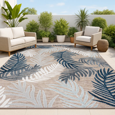 Kile High-Low Tropical Palm Brown/Navy/Ivory Indoor/Outdoor Rug