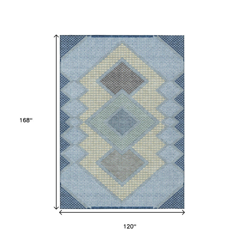 Tapis extérieur lavable à motif géométrique 10 pi x 14 pi bleu gris et brun