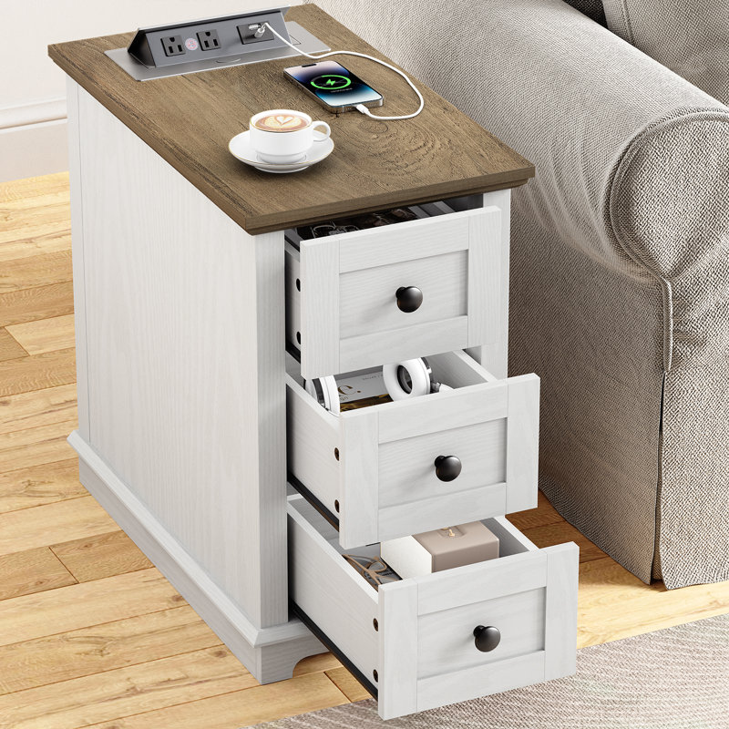 3 Drawers Sets End Tables with Storage and Fast Charging Station, White, Brown