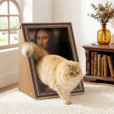19.4''x17.3'' 3D Oil Painting Classic Artistry  Cat Scratcher with Van Gogh Starry Night & Mona Lisa Art Design