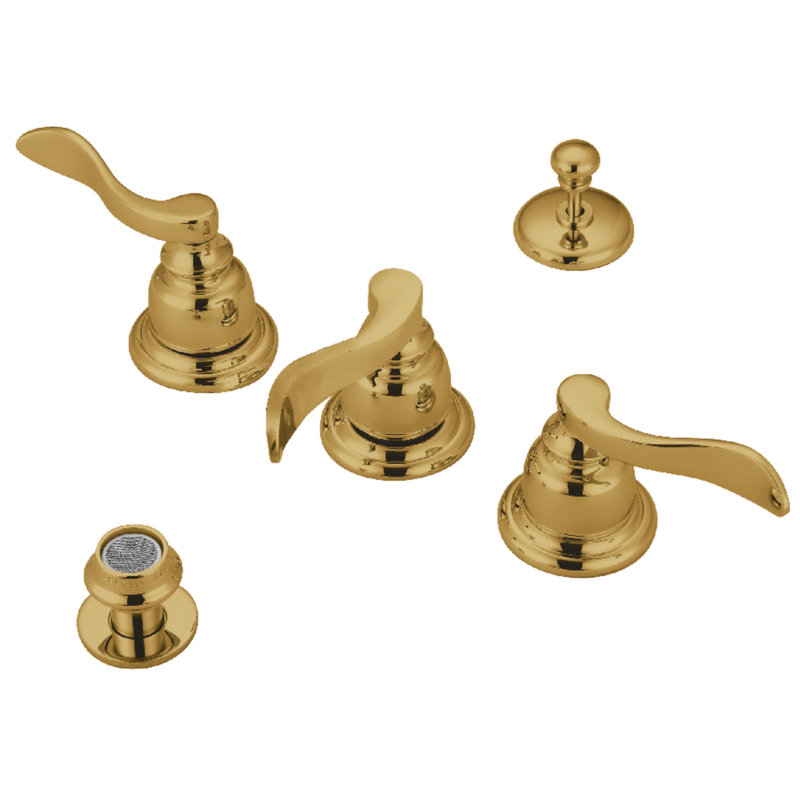 Kingston Brass NuWave French Three-Handle Deck Mount Bidet Faucet with Brass Pop-Up, Polished Brass