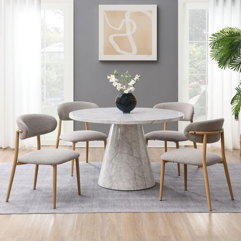 Gray Round Composite Wood Dining Table with Marble Finish