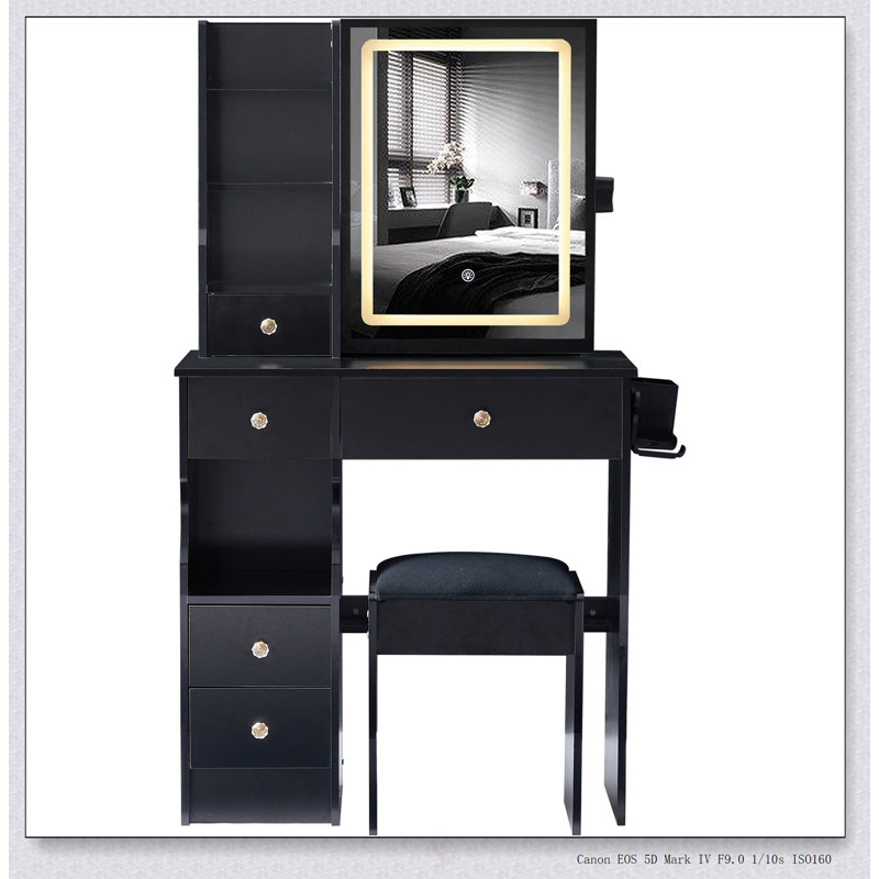 Table de coiffeuse compacte avec miroir à DEL, centrale électrique et tabouret rembourré pour les petites chambres à coucher, éclairage tricolore et luminosité réglable