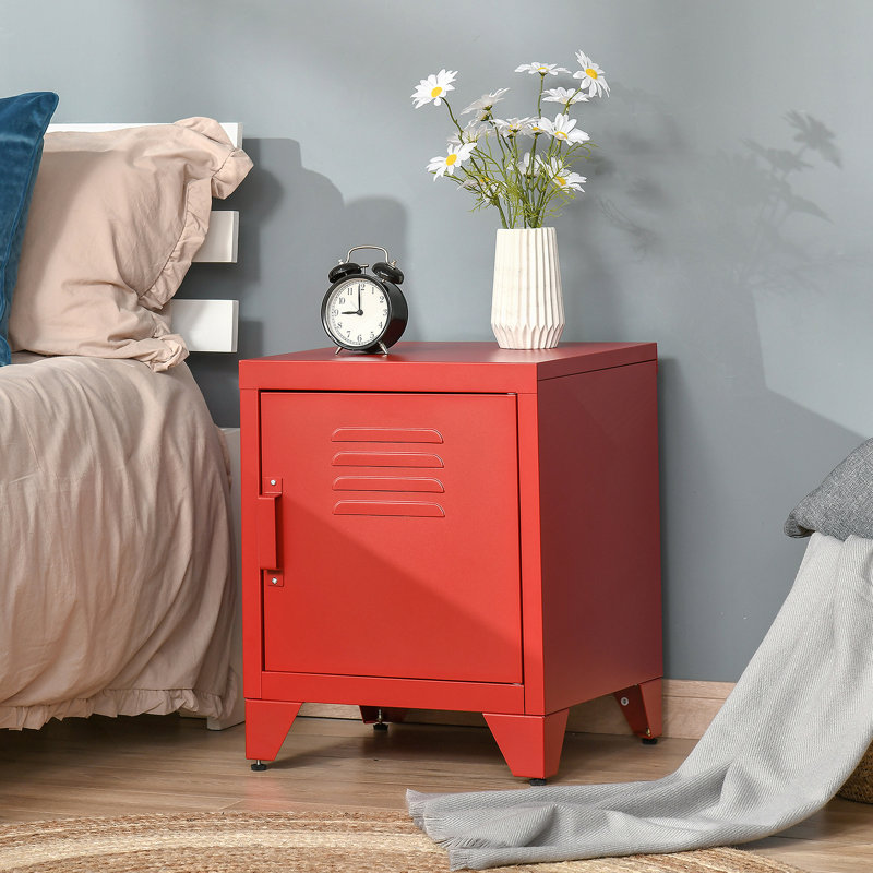 Industrial End Table, Living Room Side Table With Locker-Style Door And Adjustable Shelf, Red
