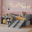 Lit mezzanine bas pour enfants avec glissade, bibliothèque mobile, garde-corps, cadre de lit mezzanine bas pour enfants-129932577