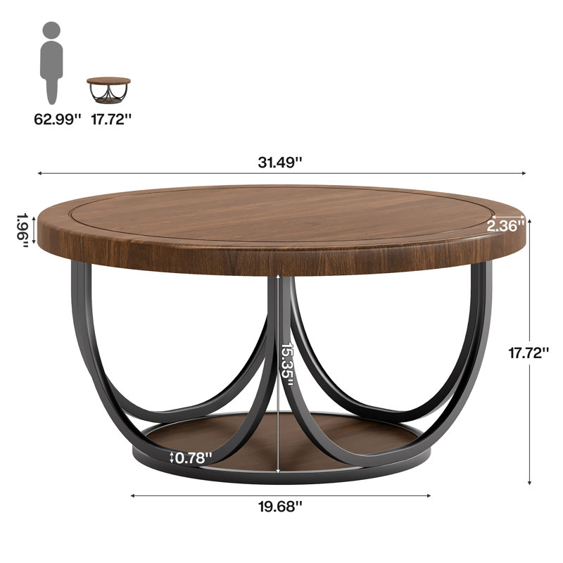 35.4" Round Coffee Table, 2 -Tier Accent Cocktail Table, Brown/Black