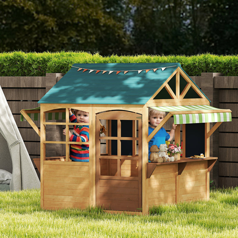 Foldable Outdoor Playhouse, Wooden Kids Cottage with Windows, Working Door, Snack Bars, Waterproof Covers, Blackboards, for Kids 3-8 Years, Brown