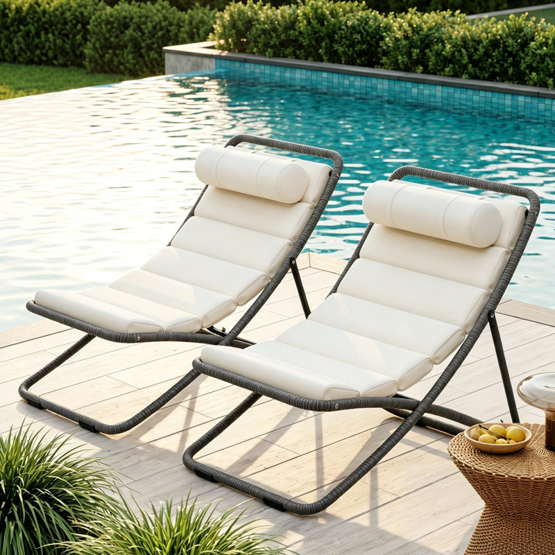 Chaise pliante d'extérieur enveloppée de rotin (ensemble de 2), avec dossier réglable, coussin épais, Noir