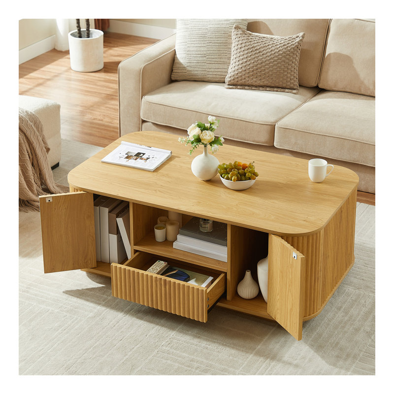 Table basse ovale de luxe moderne de 46,5 po avec tiroirs et compartiments de rangement., Naturel