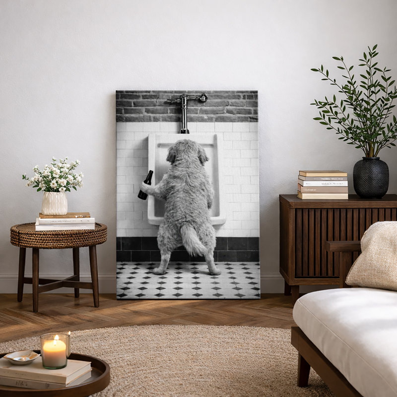 Funny Dog Bathroom Humor Black and White Artwork, Quirky Bathroom Decor Pictures, Framed Canvas Giclee Print Wall Art