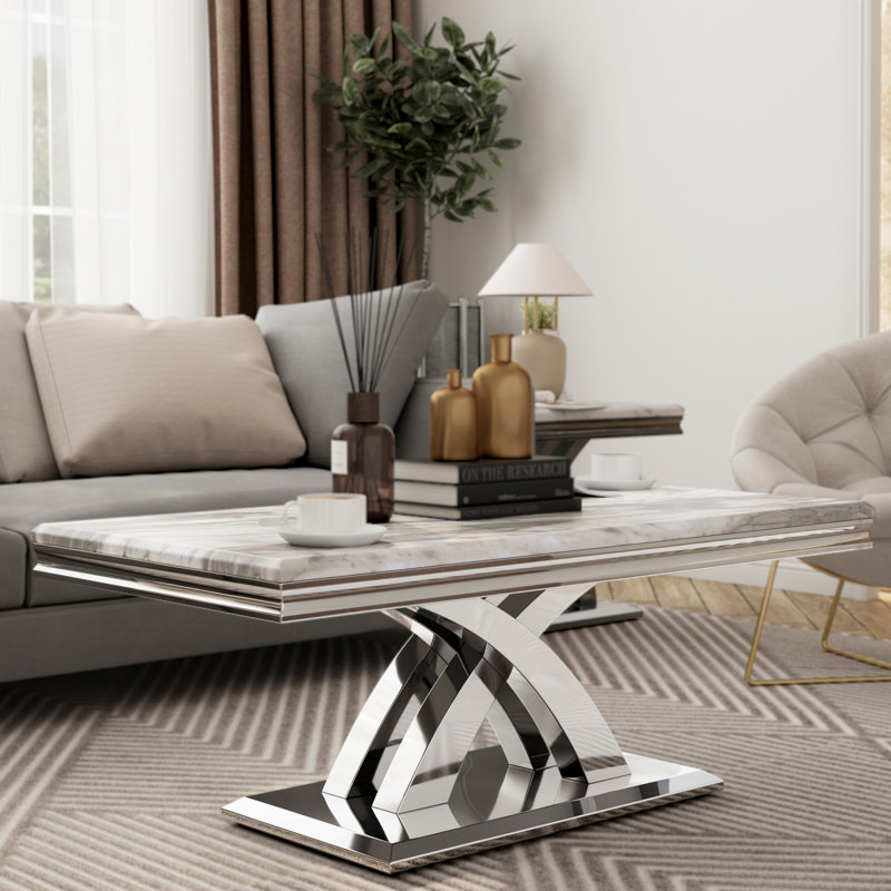 Silver And Grey Coffee Table With Mirrored Silver X-Base