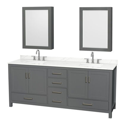 Meuble-lavabo double autoportant 80 po avec dessus en quartz et armoires à pharmacie Sheffield