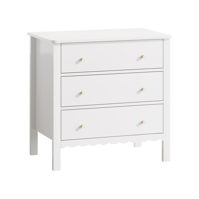 Commode blanche à 3 tiroirs avec boutons dorés, commode à tiroirs festonnée pour chambre d'enfant