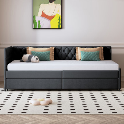 90x200cm Upholstered Daybed, Sofa Bed with Pull out Trundle