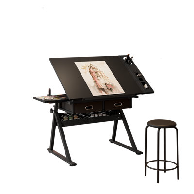 Drafting Table Art Desk w/Power Outlet and Stool, Adjustable Tilting Drawing Table Artist Desk with 2 Storage Drawers, Art Craft Work Station for Home Office Working, Writing, Crafting