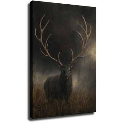 Majestic Stag Large Antlers Tall Dry Grass Moody Dark Brown Textured Background Print Canvas Wall Art Flat Rustic Cabin Masculine Living Room Decor Painting