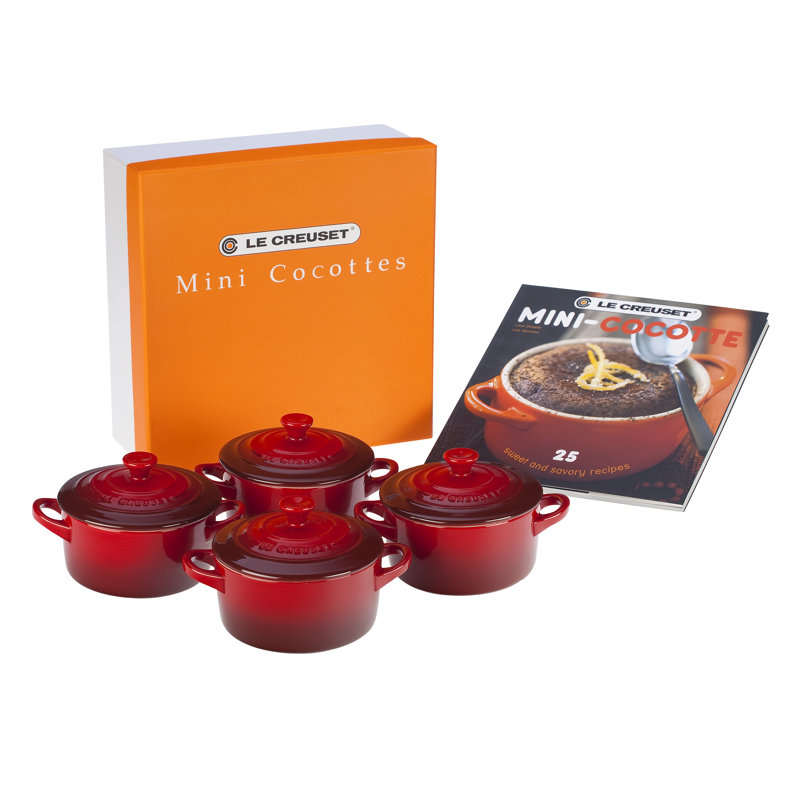 Le Creuset Stoneware Set of 4 - 8 oz. Mini Round with Lids and Cookbook, Cerise