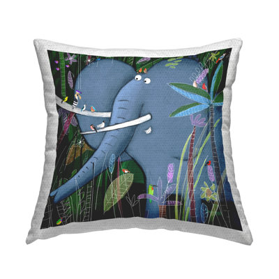 Jungle Nature Elephant & Birds Outdoor Printed Pillow by Carla Daly