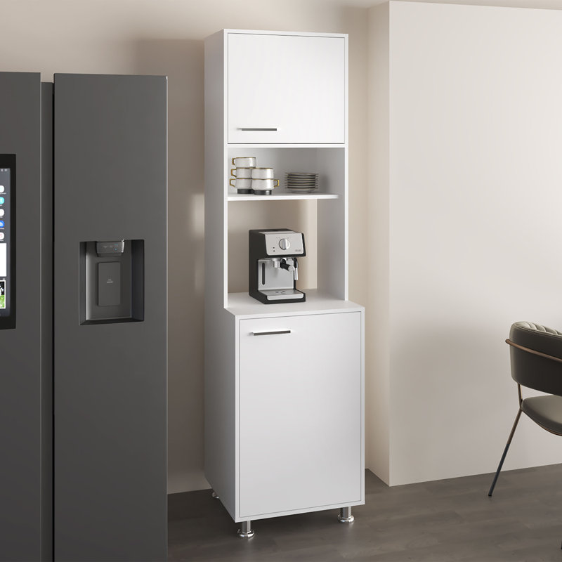 Armoire de cuisine Antares avec deux portes, tablette centrale ouverte et rangement supérieur, blanc