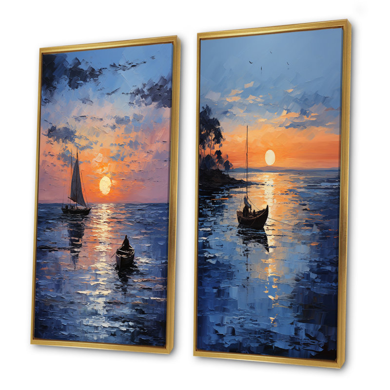 «Blue Hushed Evening Coastal Sunset II», ensemble de 2 reproductions d'art sur toile, H 40 po x l 41 po, Encadrement doré